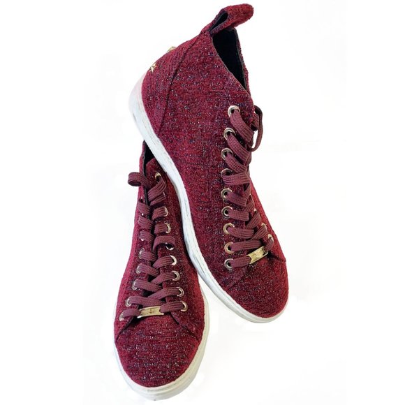 Jimmy Choo Metallic Tweed Burgundy Men 10 US 9 UK High Top Sneakers - Picture 2 of 7